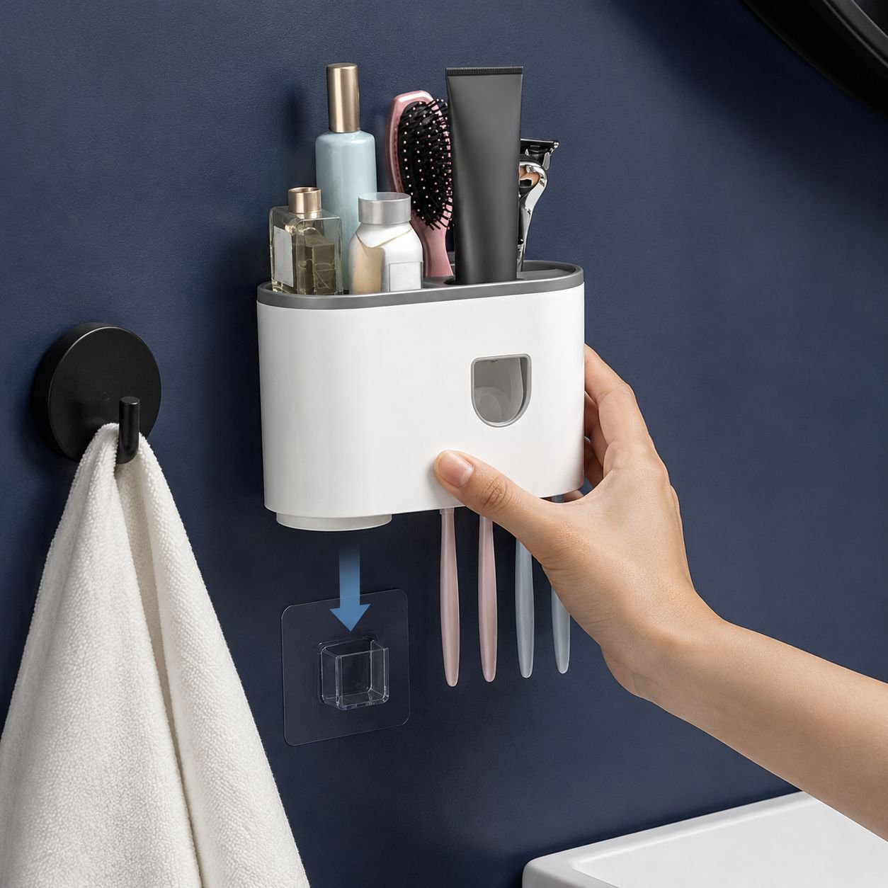 Space-saving toothpaste and cup storage rack