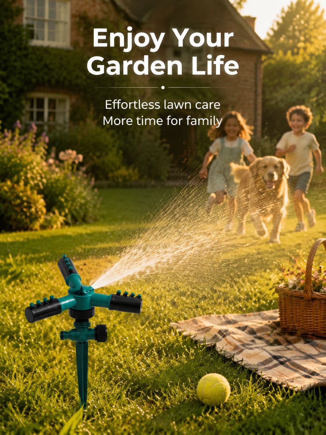 Triple-head rotating sprinkler spraying water in the garden