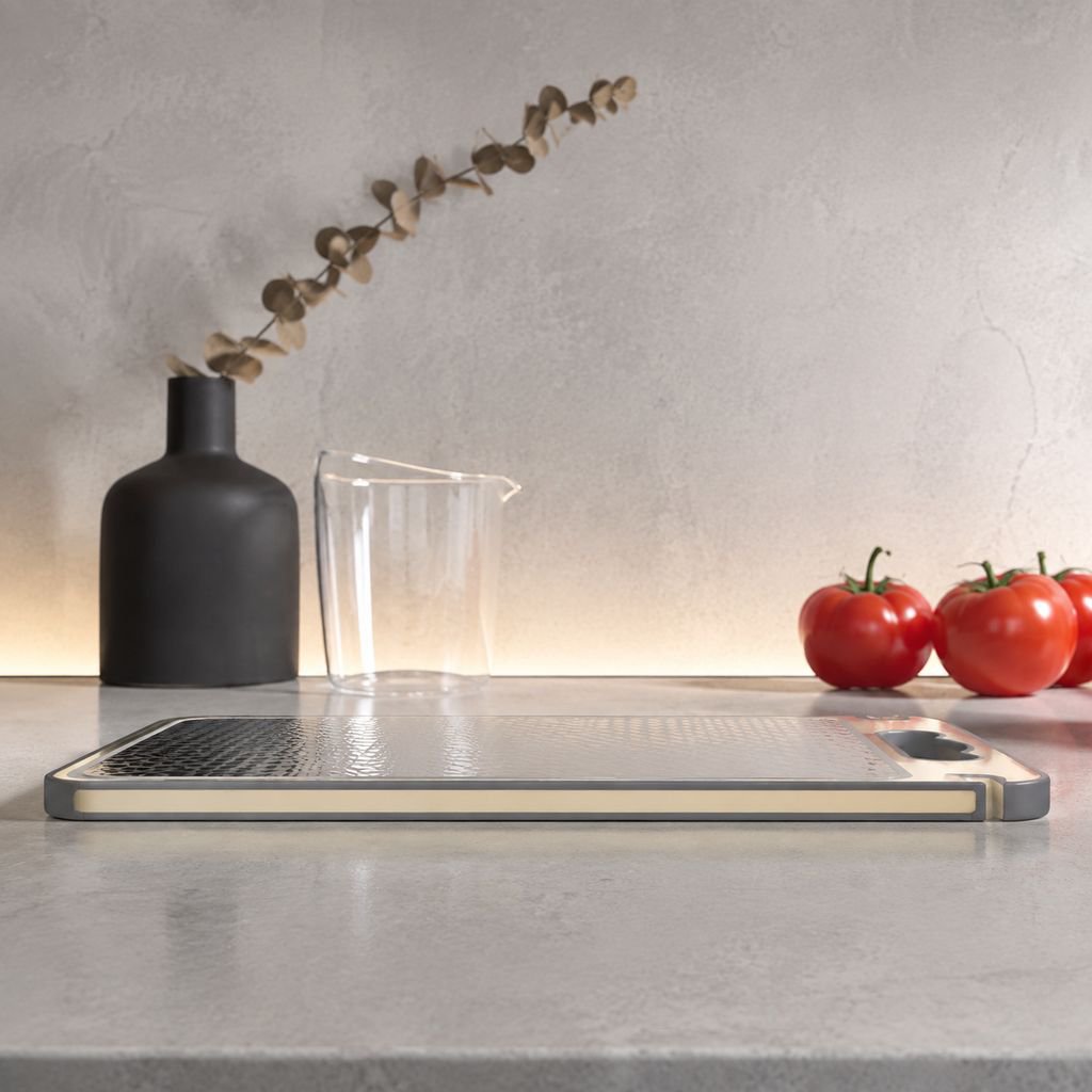 Modern kitchen essentials: double-sided cutting board with knife sharpener