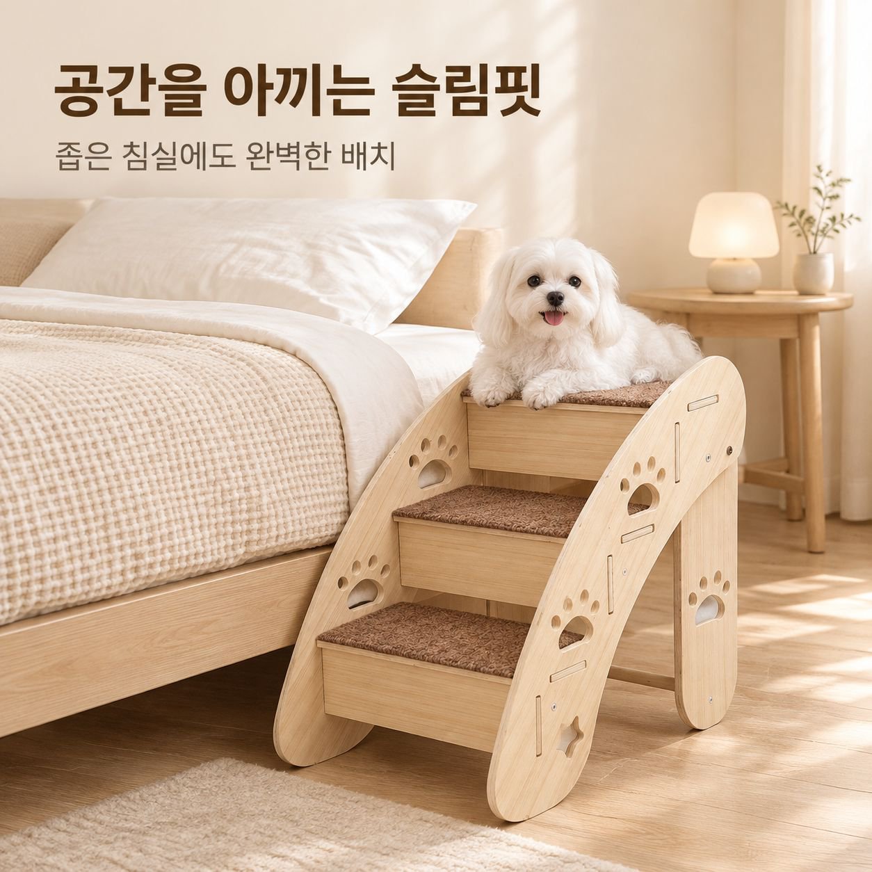 반려견의 침대 오르내리기를 돕는 원목 경사로/계단