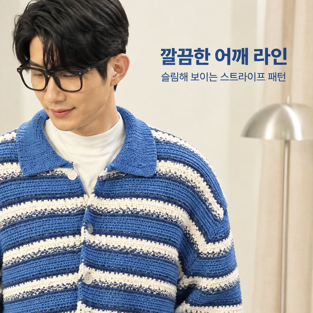 남성용 블루 앤 화이트 줄무늬 카라 니트 가디건 가을 시즌 너플한 멋이 있는 스웨터 상의
