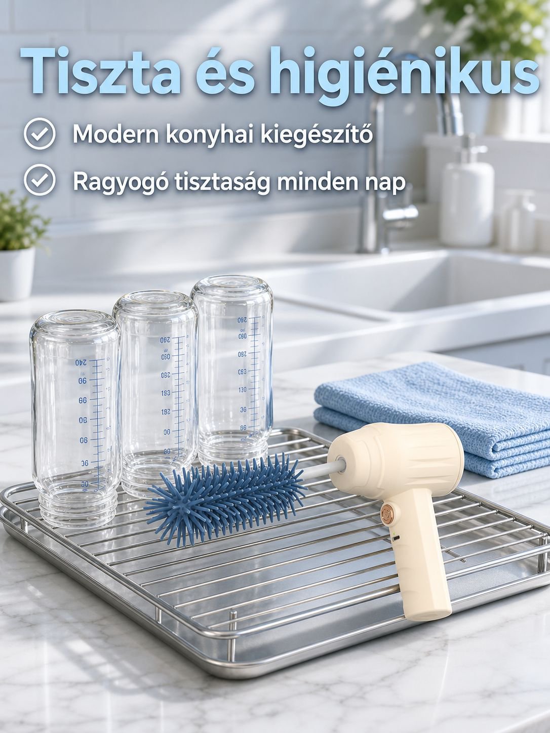 Elektromos szilikon cumisüveg kefe használat közben