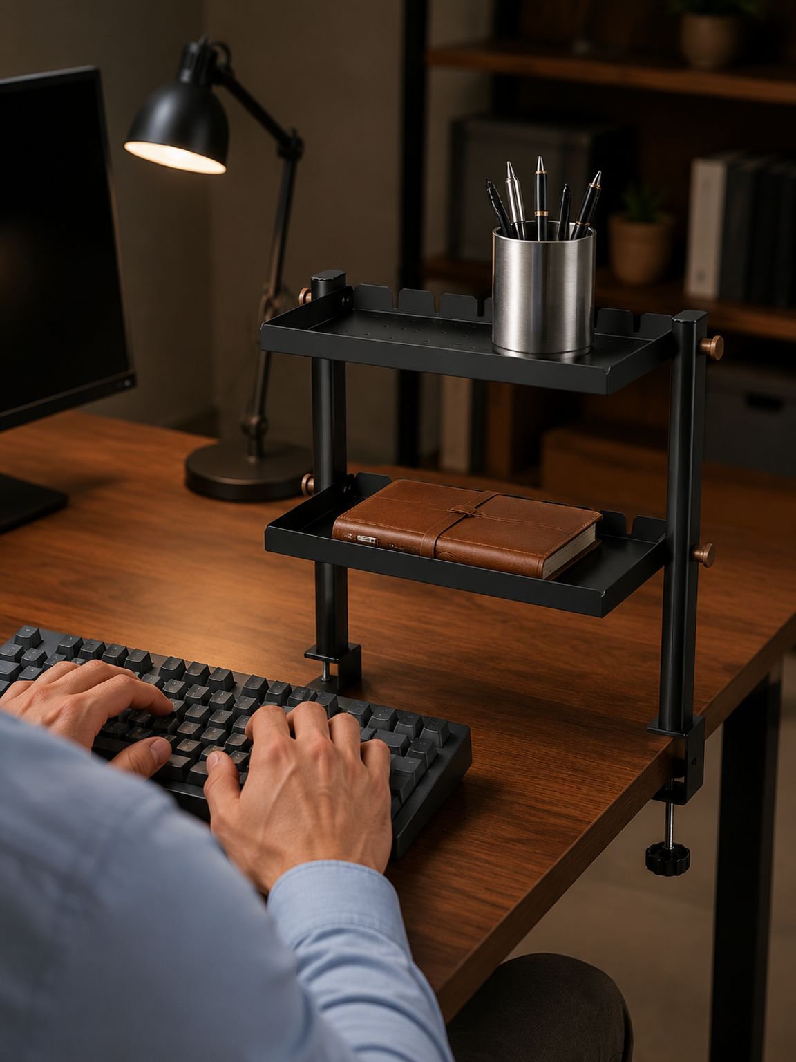 Multi-functional desktop storage shelf with double layers