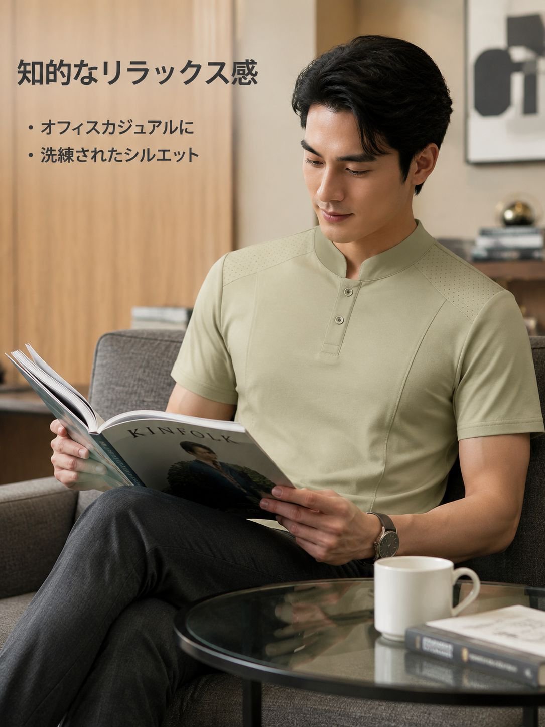 メンズファッショナブルなスタンドカラー半袖Tシャツ、シンプルで高級感
