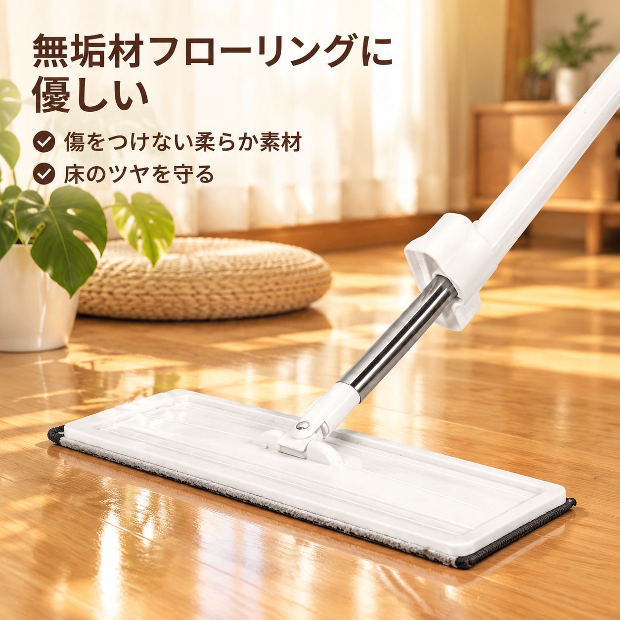 新作 リビング用 ハンズフリー フラットモップ 回転式 大型 ロング柄 乾湿両用 フローリング用