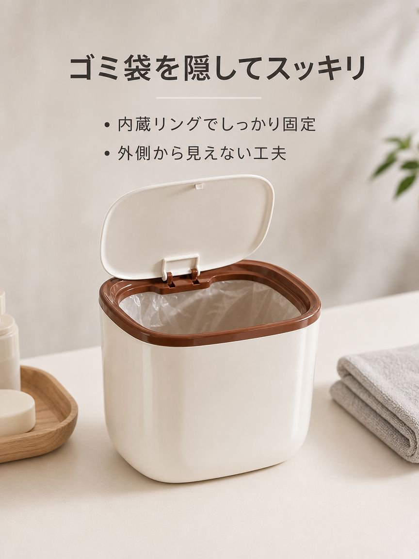 クリームデザインの卓上ゴミ箱のふたを開けた状態