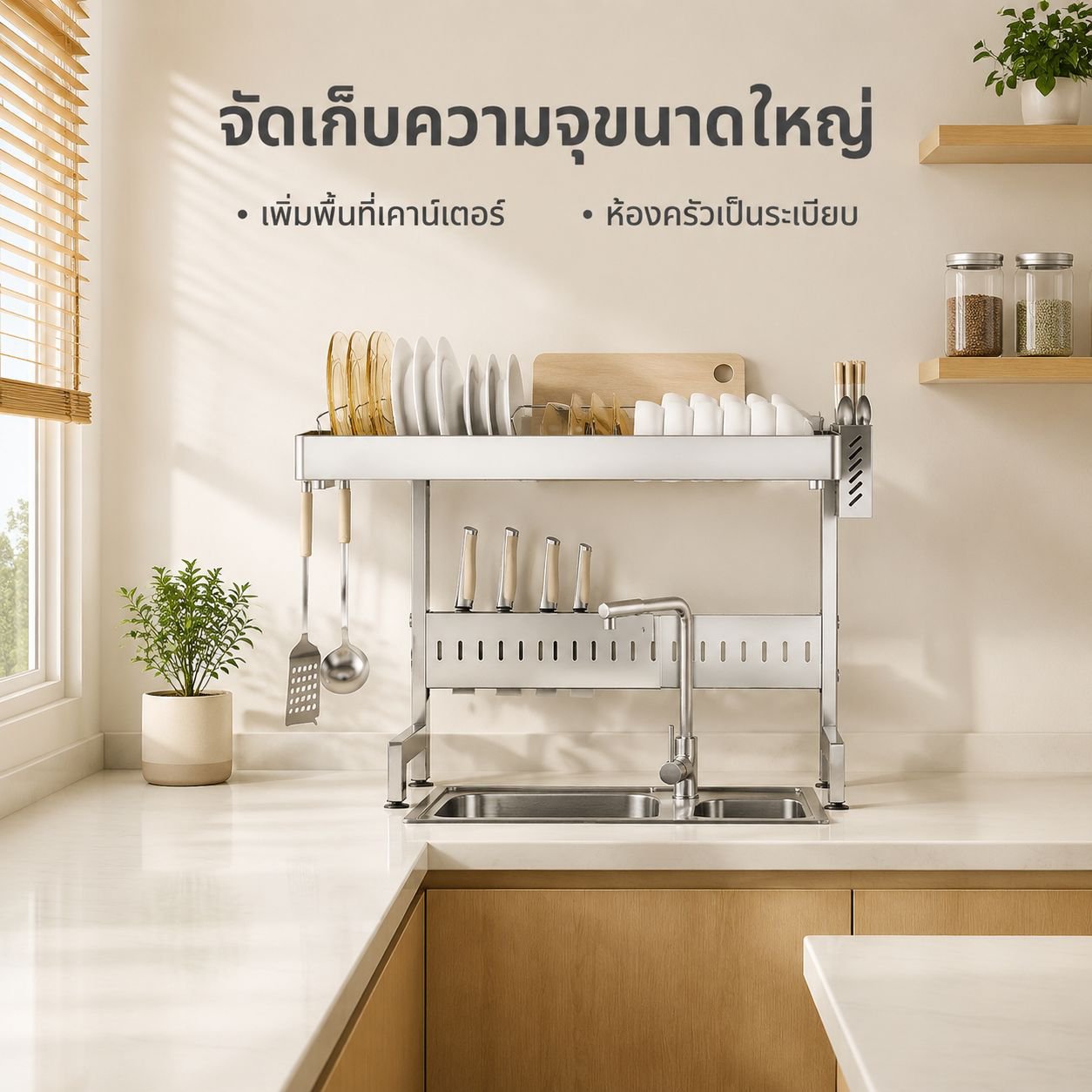 ที่วางจานแบบยืดหดได้ ทำจากสแตนเลส สำหรับอ่างล้างจานในครัว