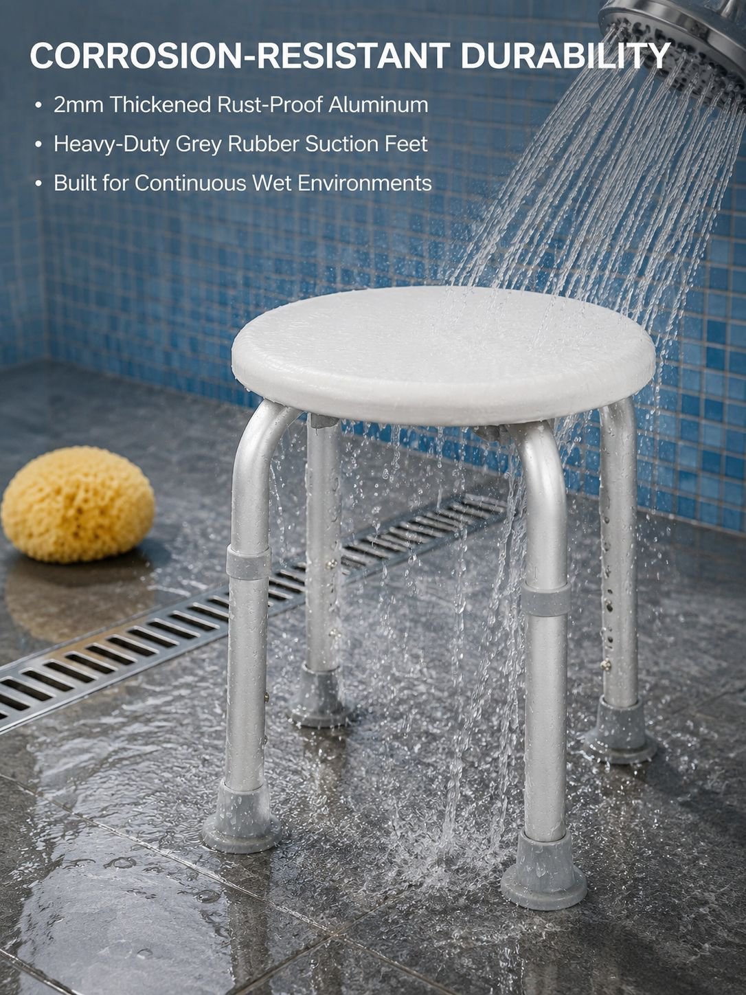 Sturdy bathroom stool with ergonomic seat design