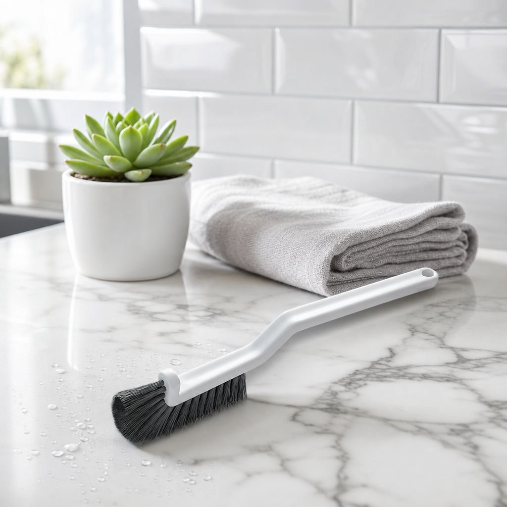Efficient cleaning of kitchen floor tiles with brush
