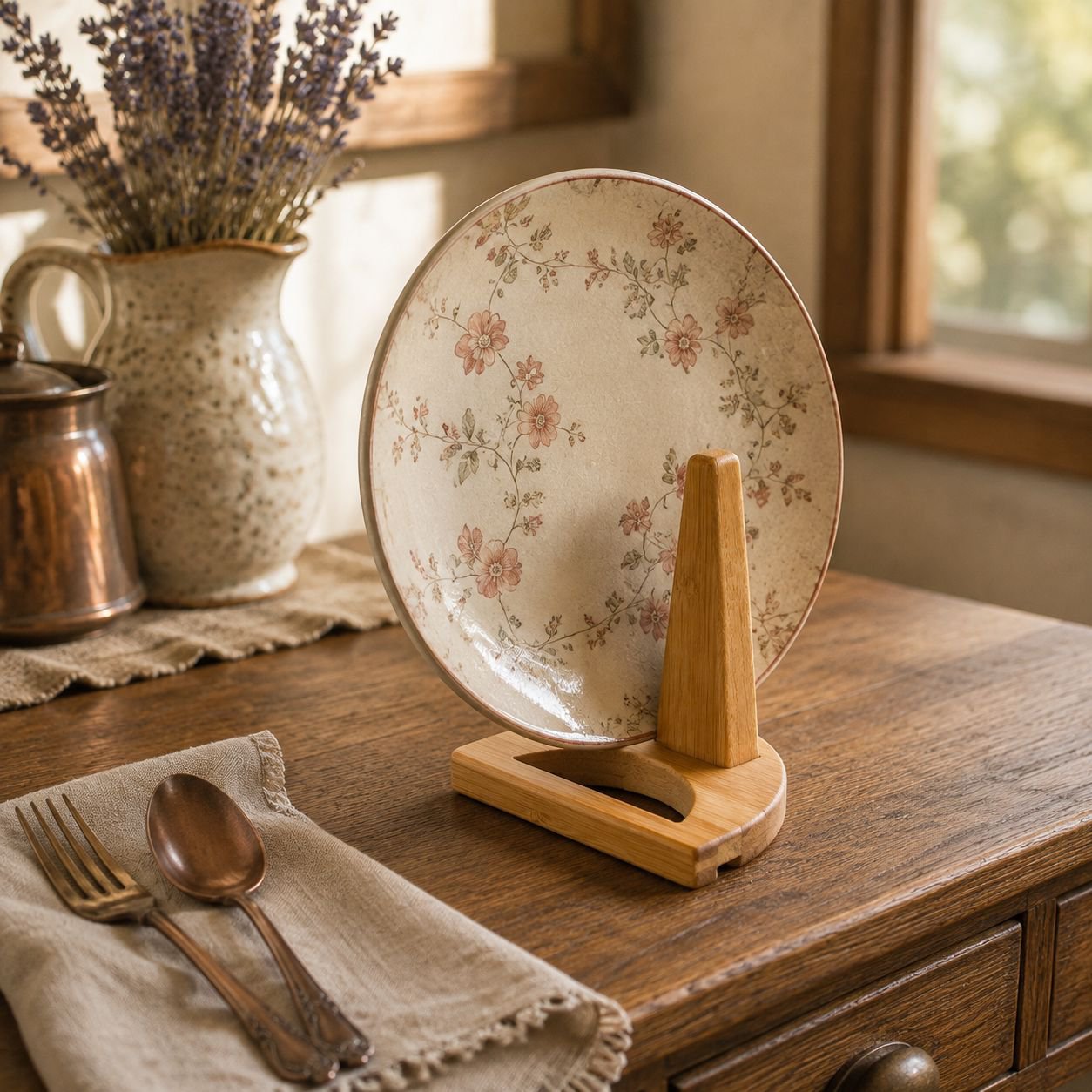 Bamboo Plate Display Stand Rack for Kitchen Storage