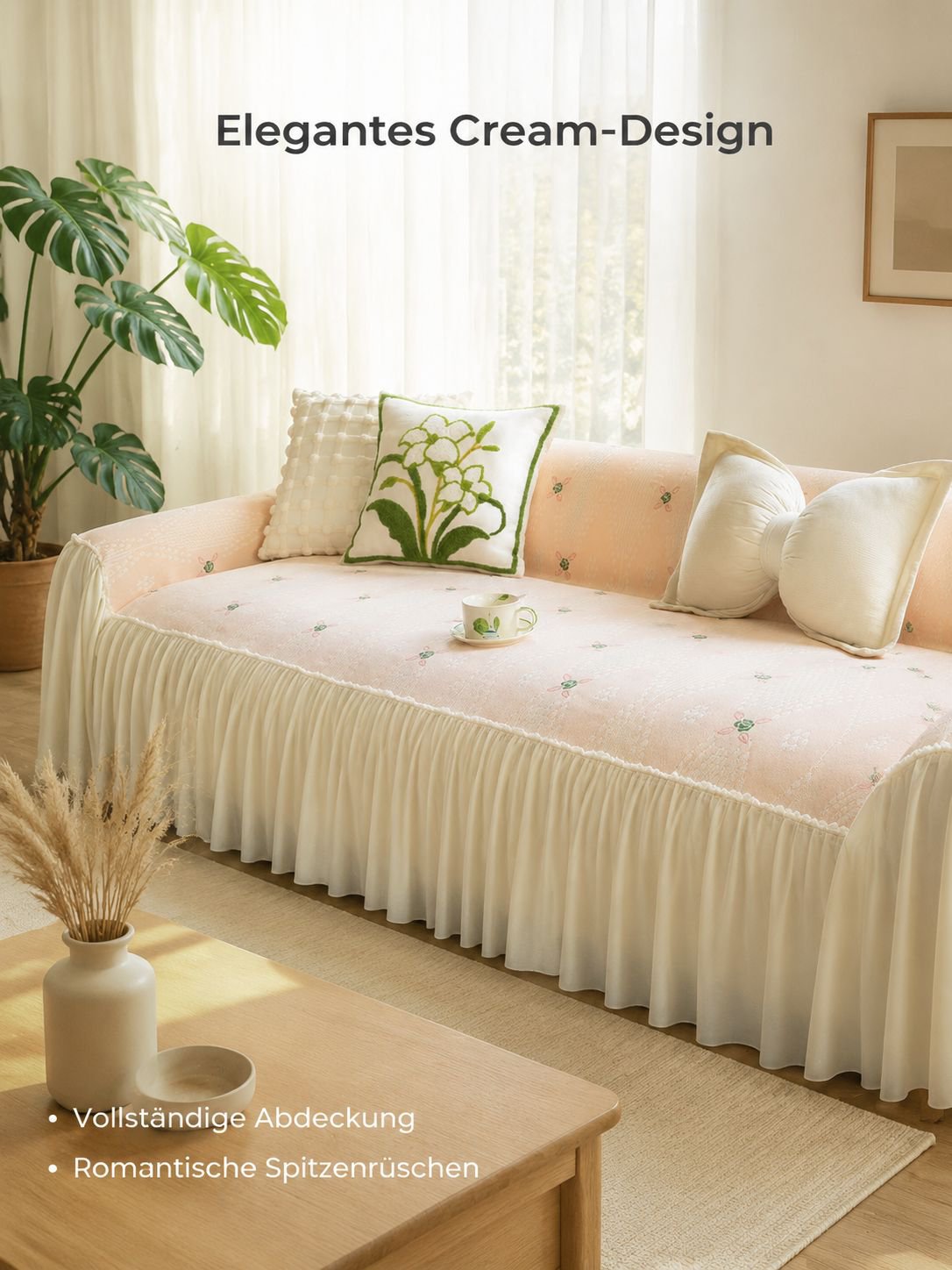 Vollständige Sofahusse mit Spitzenrüschen, Chenille-Stoff im Cream-Stil
