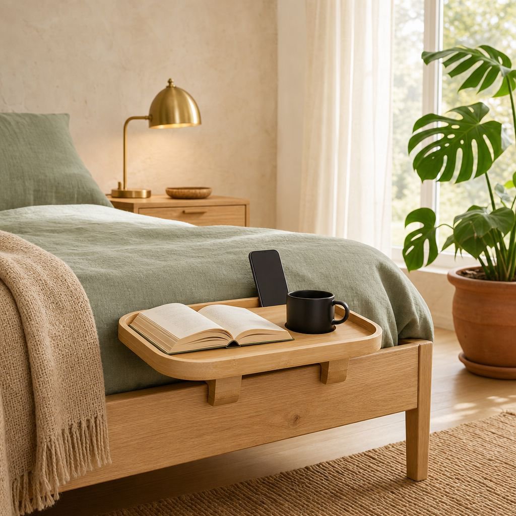 Multifunktionales Bambus Bettablage Tablett auf einem Bett