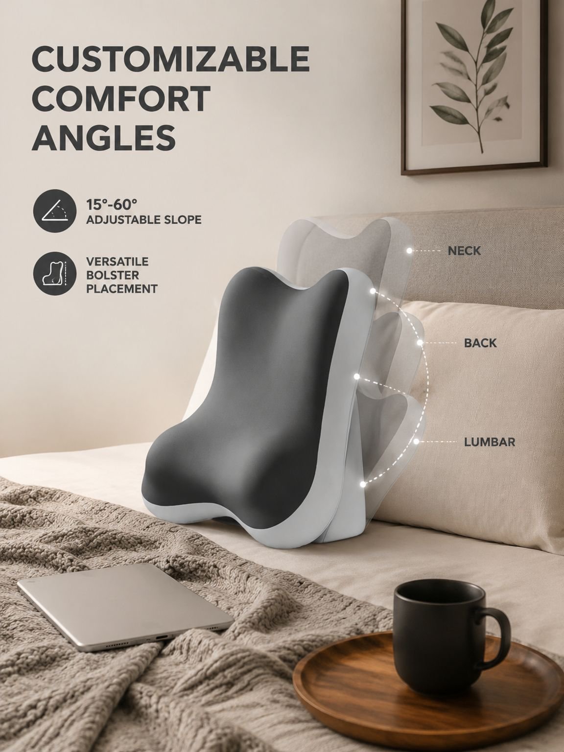 Side view of the Adjustable Slope Neck & Waist Support Bedside Cushion