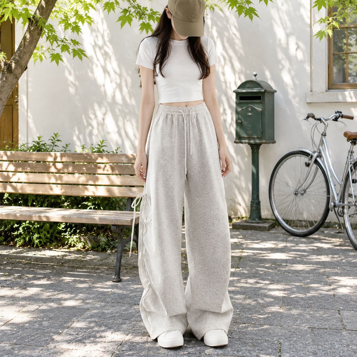 リボン付きドローストリングワイドレッグパンツ