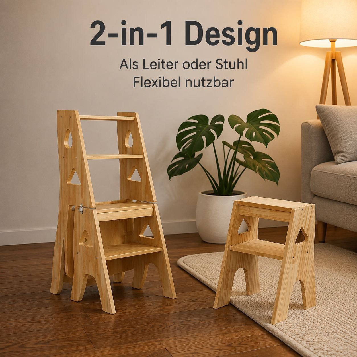Vierstufiger Klappleiterhocker aus Holz