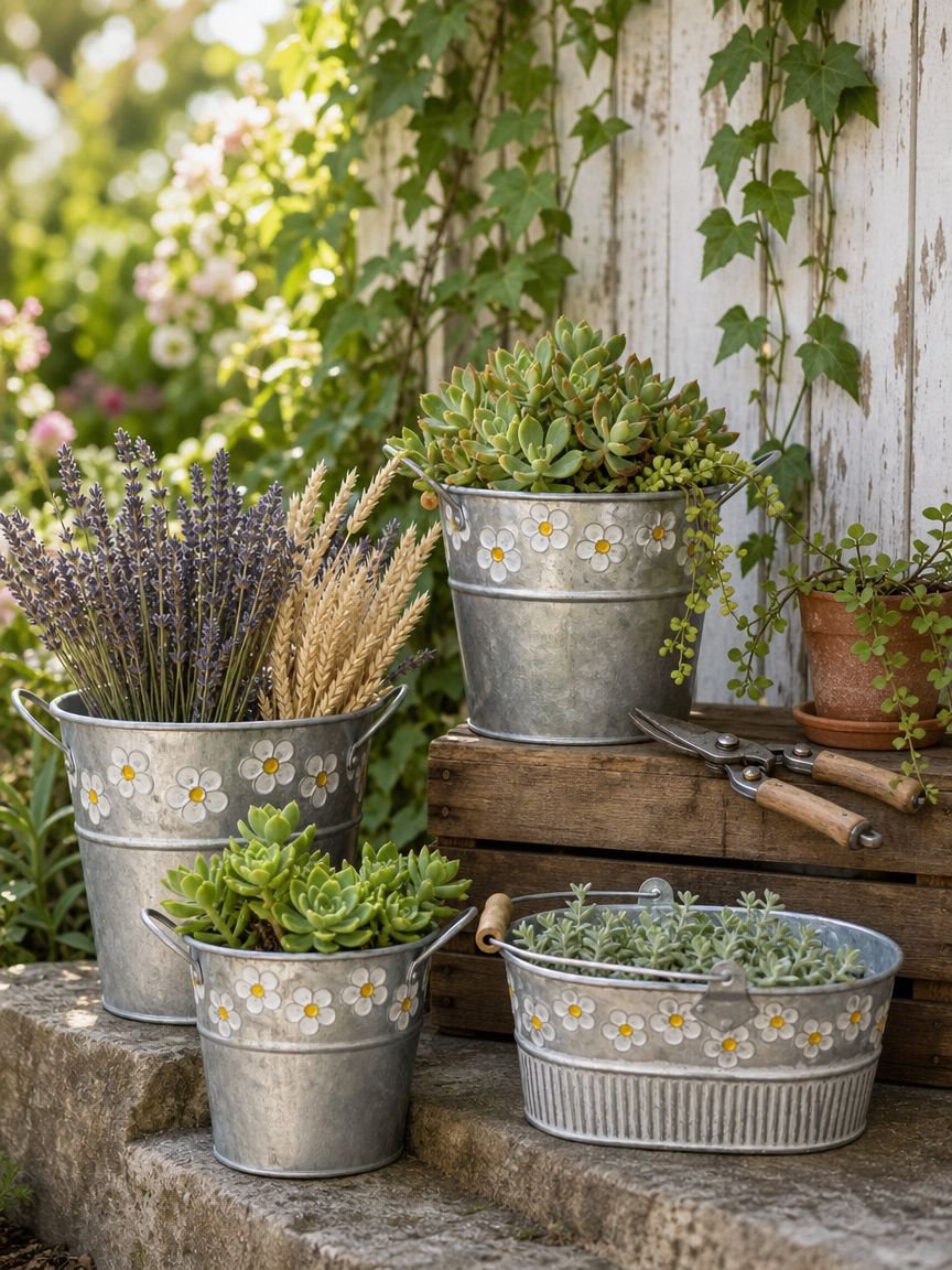 Creative flower arrangement in retro tin bucket