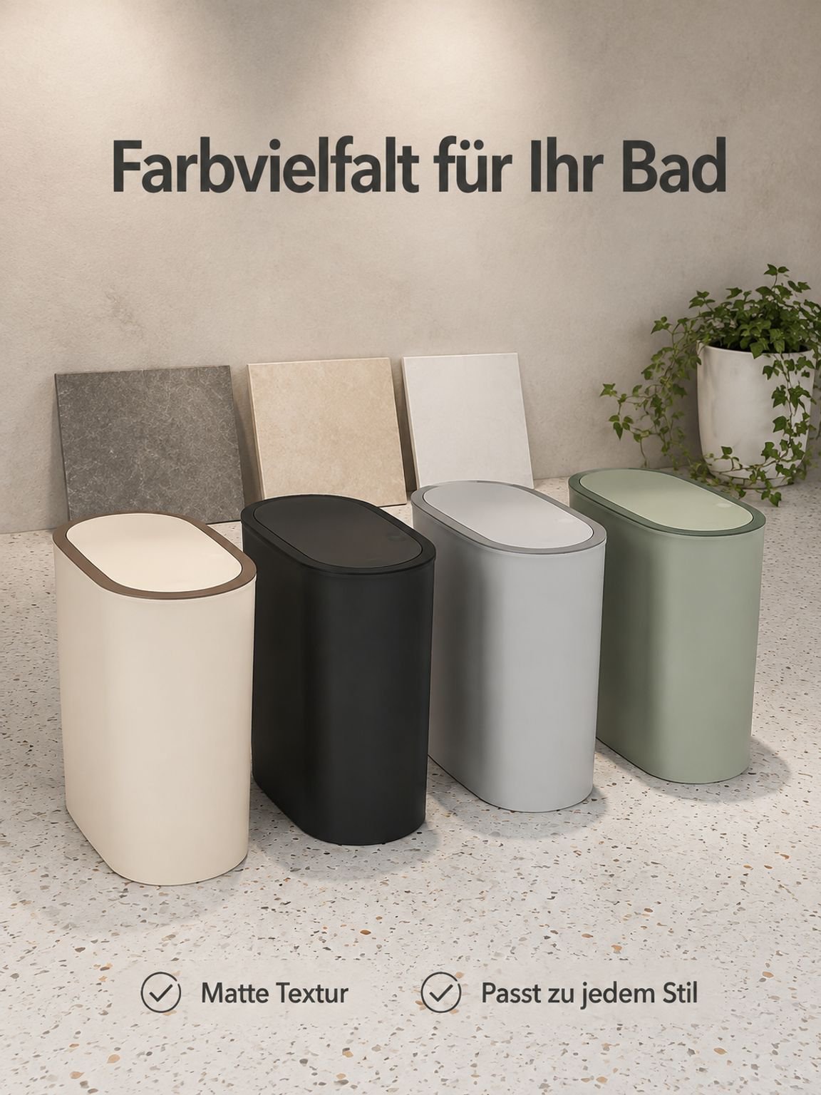 Schlanker, geruchsdichter Mülleimer für Badezimmer, großer Aufbewahrungseimer mit Druckdeckel