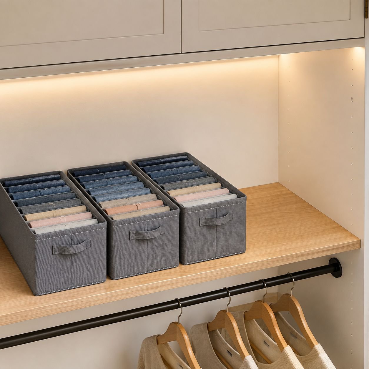 Stackable storage bins for efficient closet use