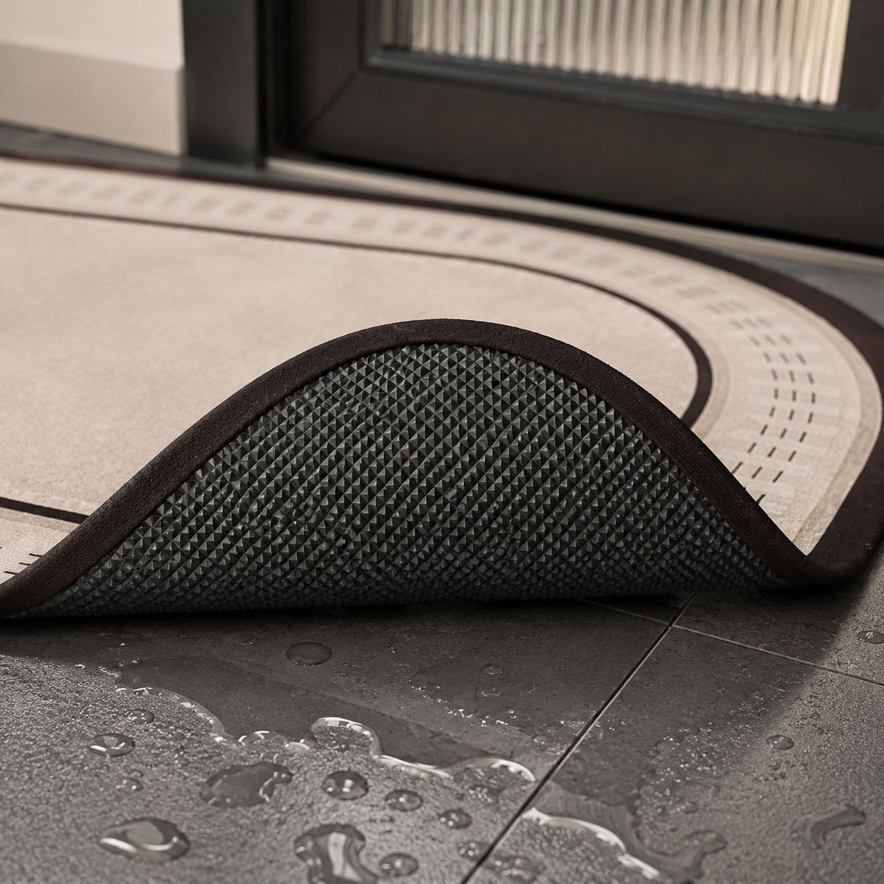 Water droplets being absorbed by bathroom mat