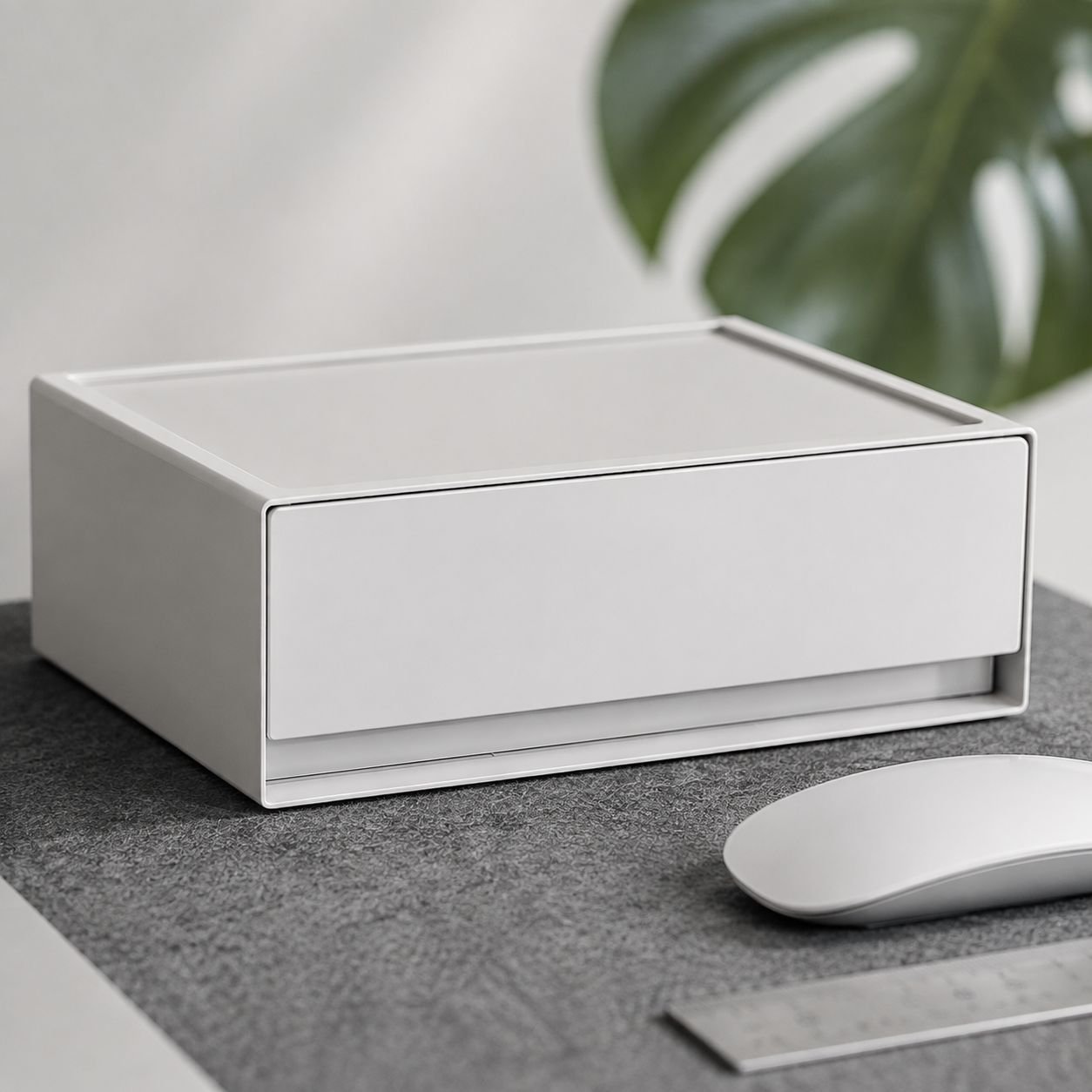 Close-up of plastic storage box compartments for stationery
