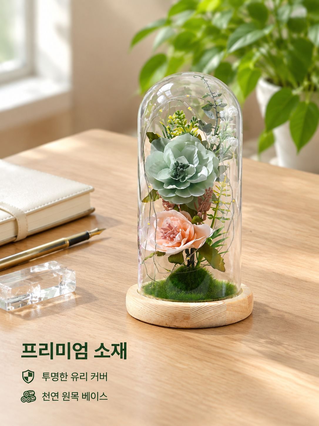 유리 돔과 보존화가 있는 LED 야간 조명 탁상 장식
