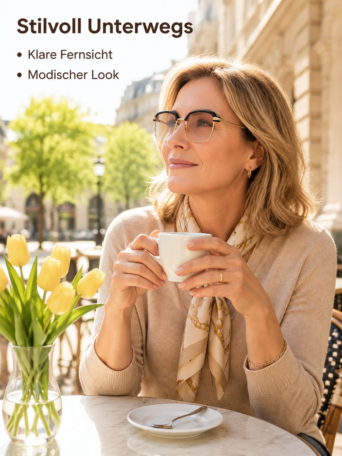 Progressive Lesebrille mit Teegläsern für Nah- und Fernsicht
