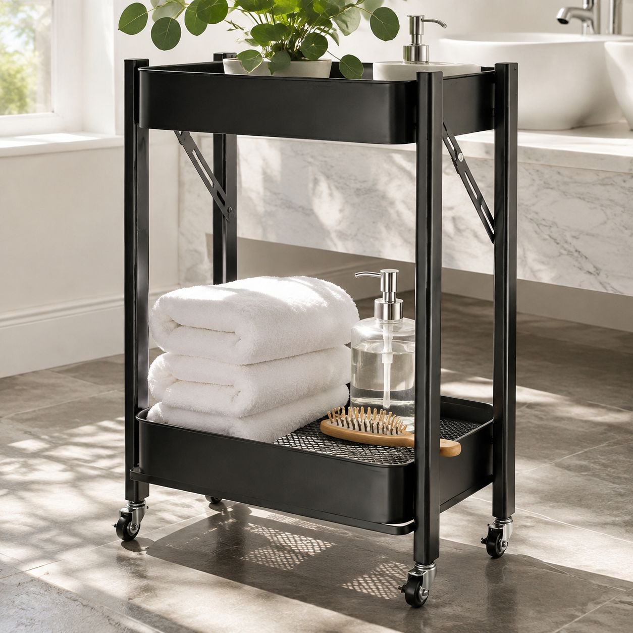 Multi-functional small trolley storage rack in kitchen setting