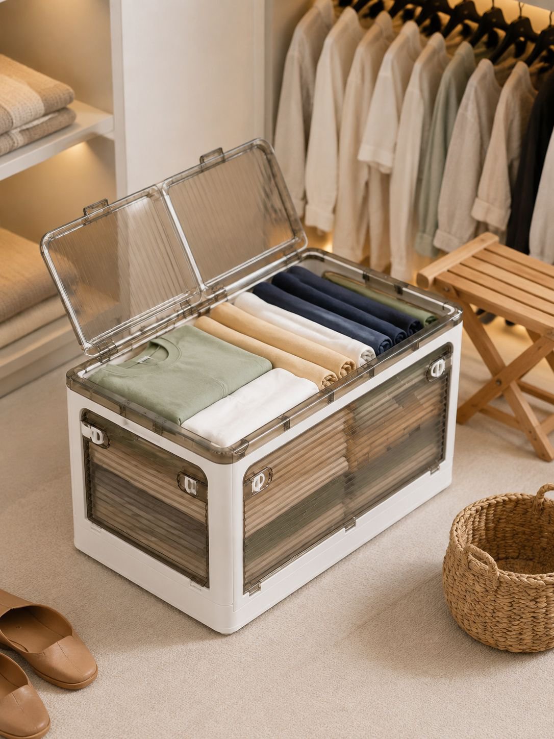 Easy-to-assemble storage box with five access doors