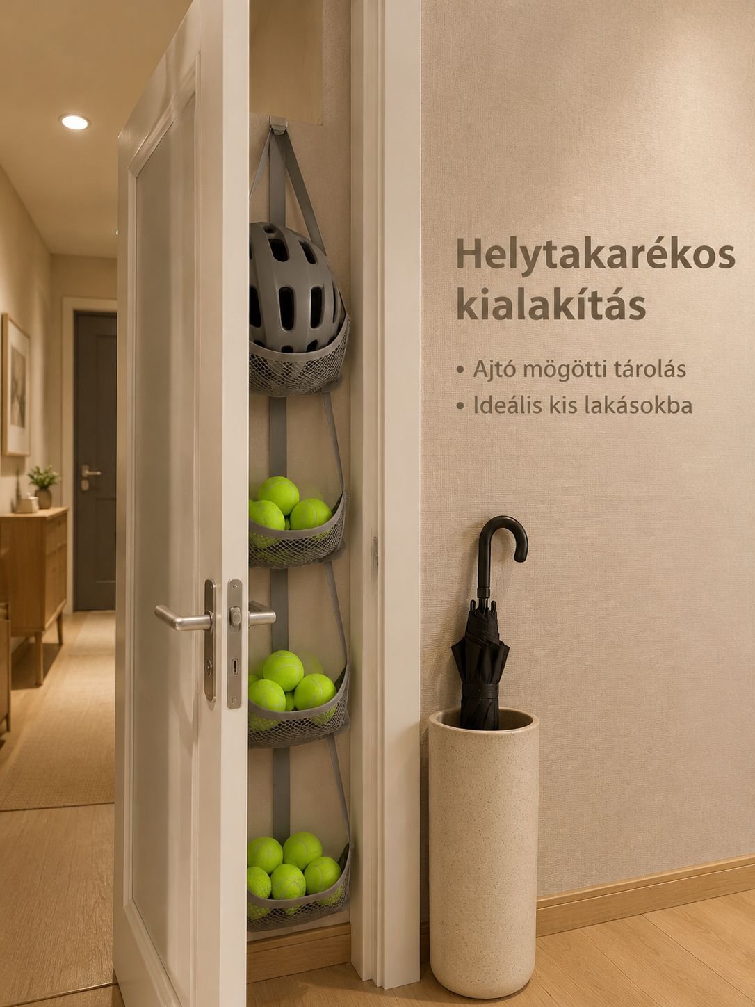 Labdák rendszerezése többrétegű hálós fali tárolóval