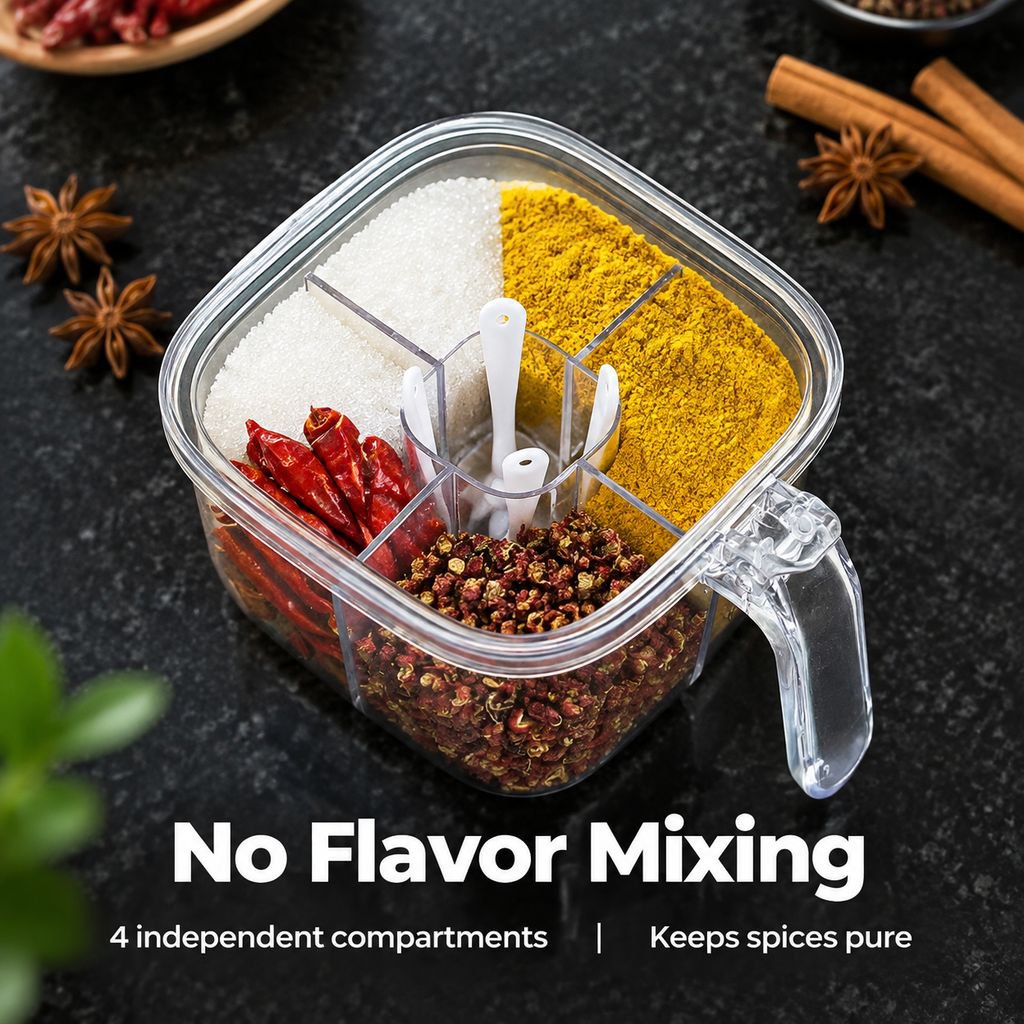 Compact multi-compartment spice box for an organized cooking experience