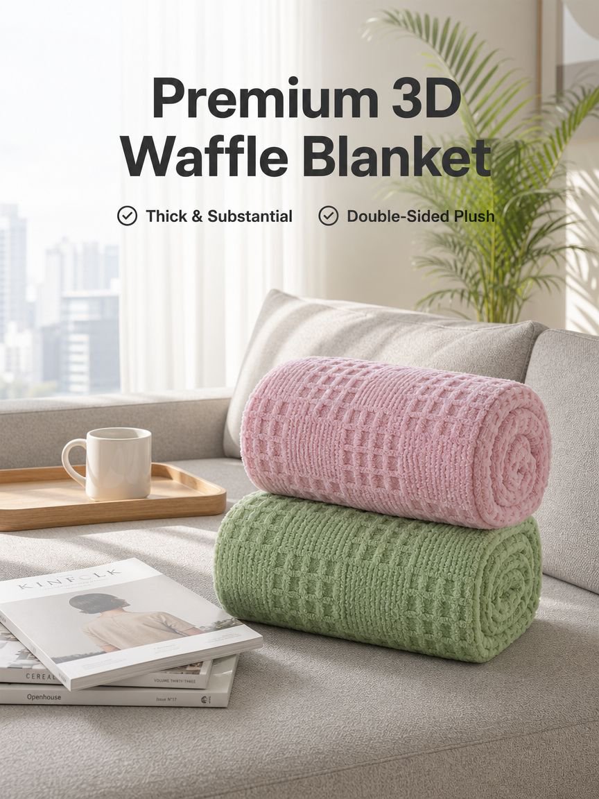 Thick and warm double-sided plush blanket with waffle pattern jacquard