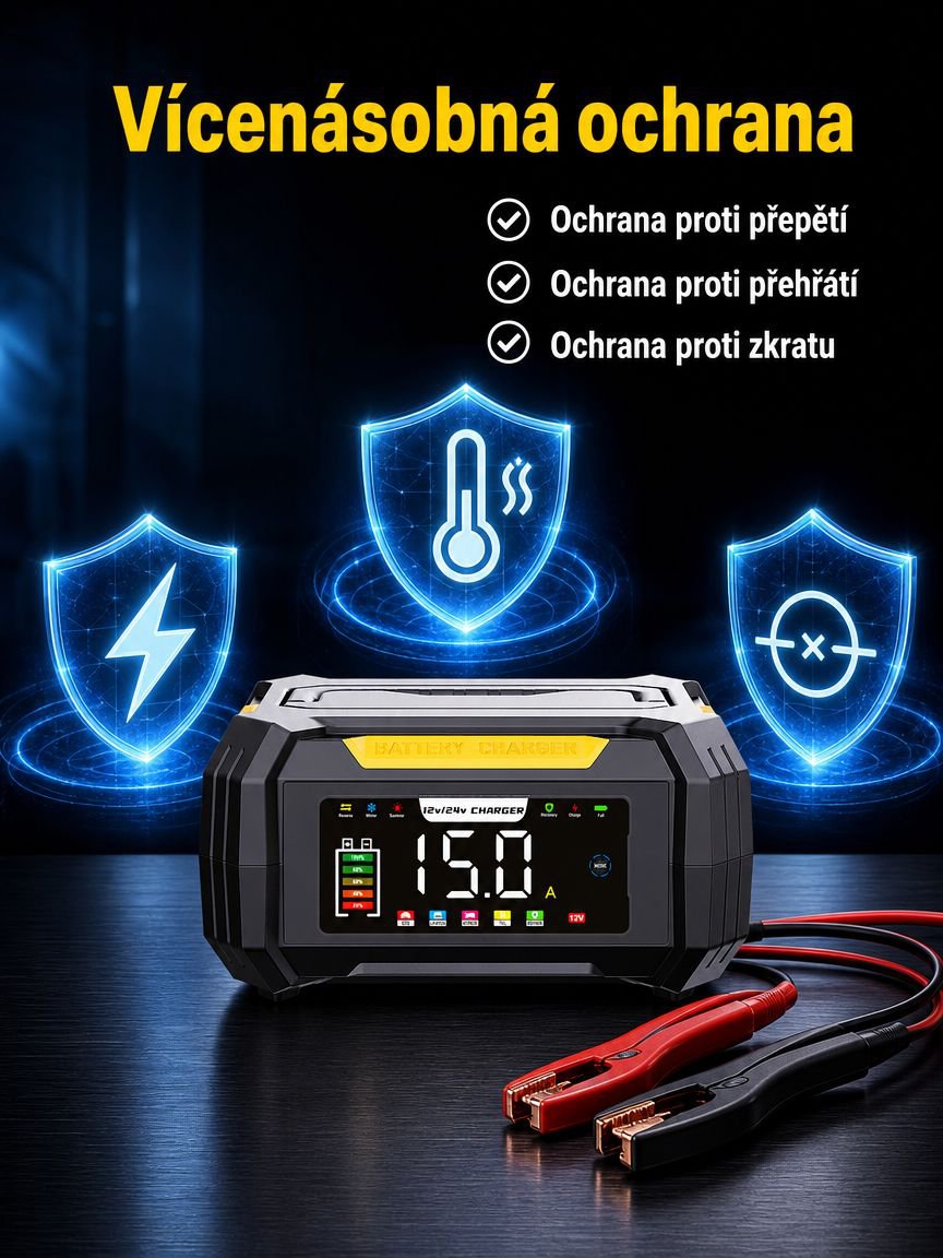 Přenosná 12V nabíječka s ukrytým kabelem, univerzální pro olověné a LiFePO4 autobaterie