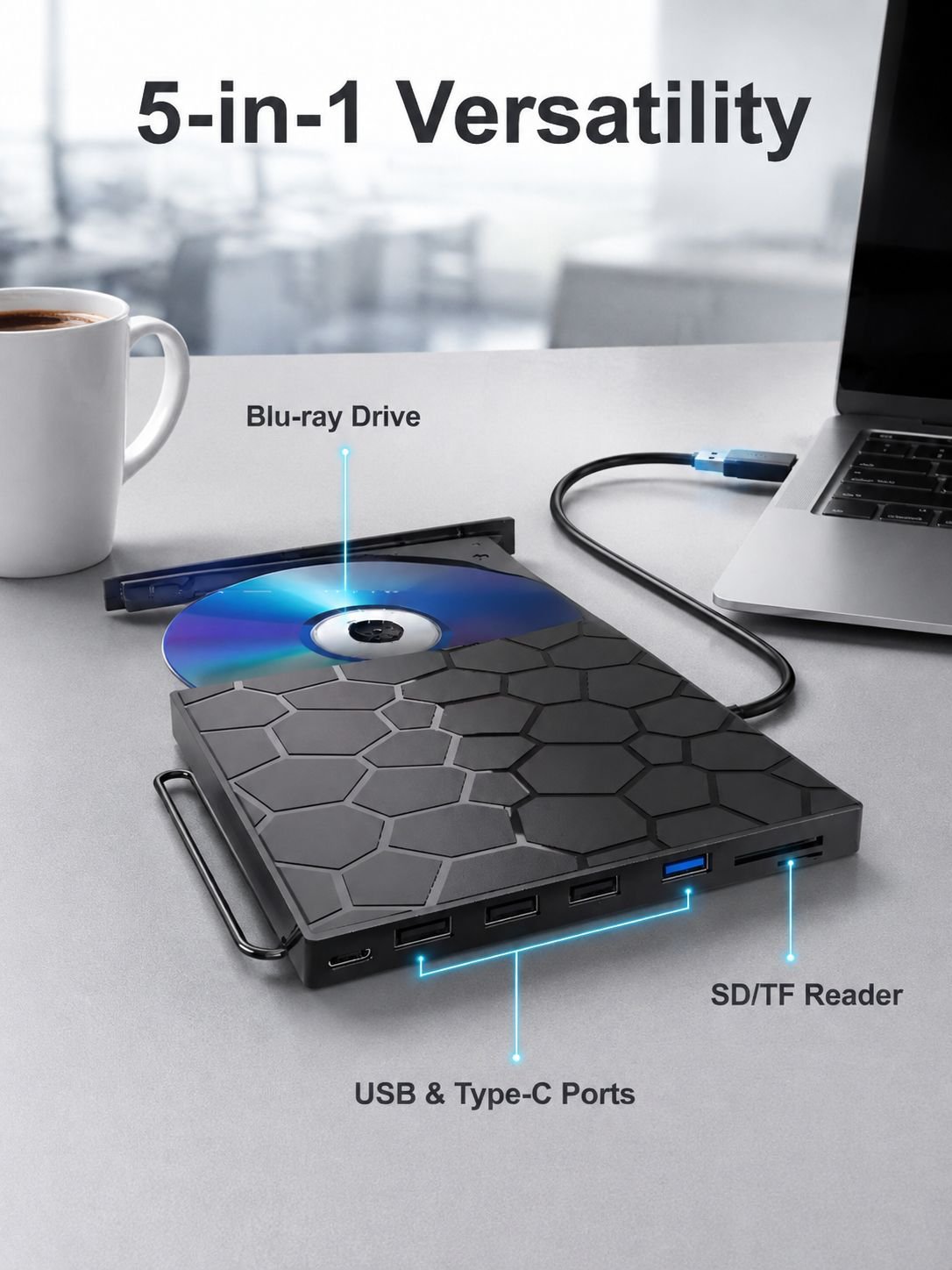 USB Multifunctional External Optical Drive with SD/TF Card Reader and Type-C Blu-ray Burner