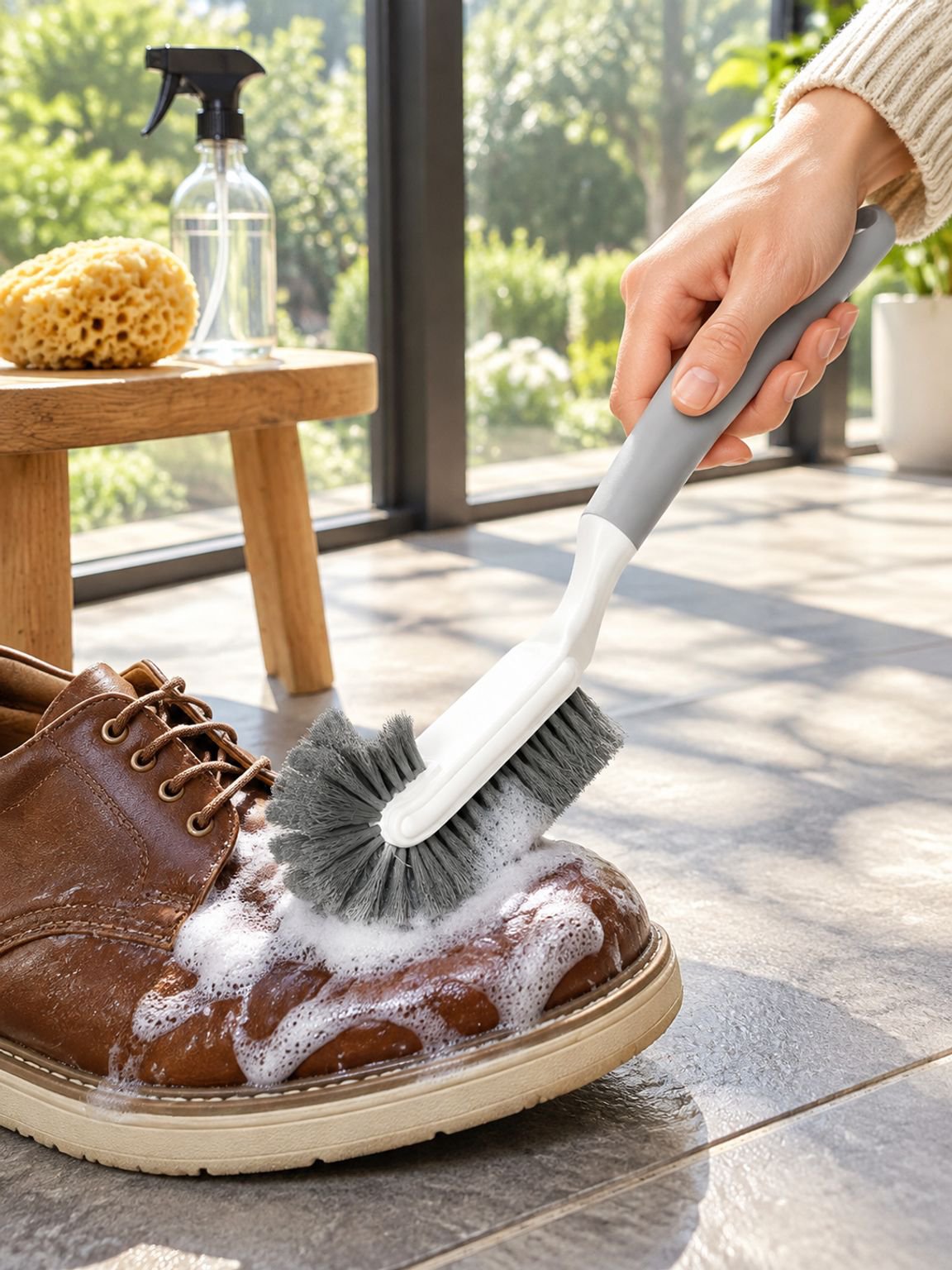 Close-up of soft bristles on a shoe cleaning brush