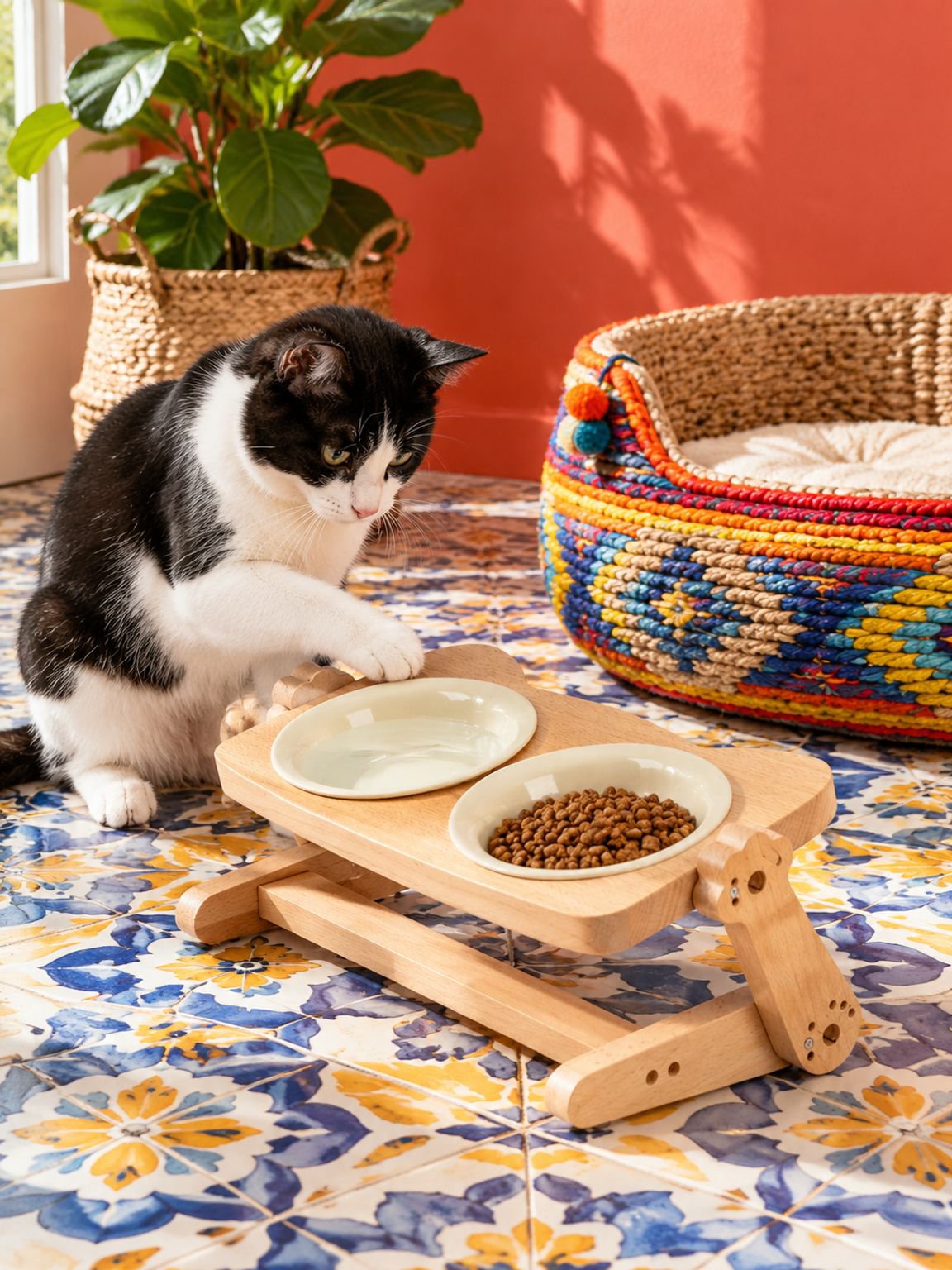Cuenco para mascotas de madera de haya a prueba de derrames para gatos y perros