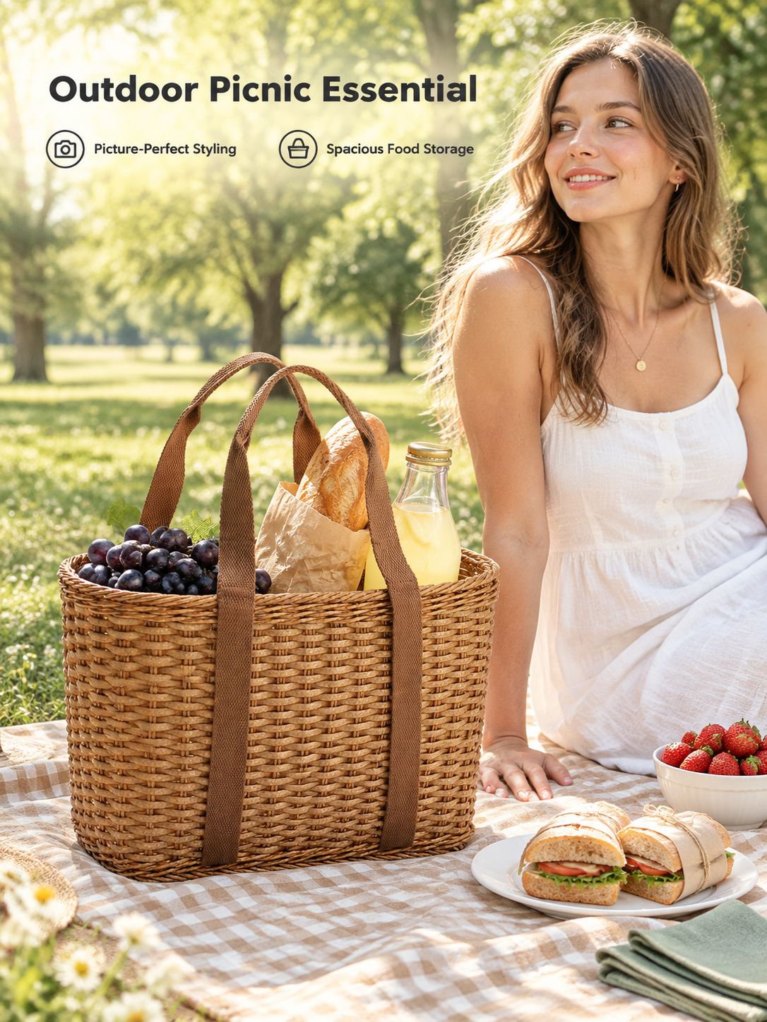 Vintage Rattan-Style Picnic Basket, Outdoor Shopping Basket, Camping Fruit Basket Bag