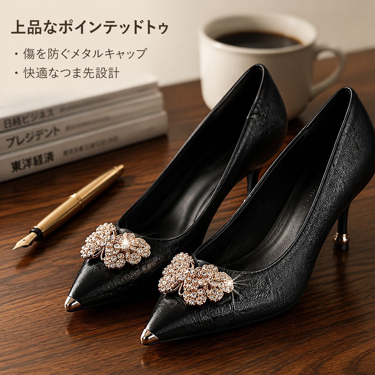 万能ラインストーン中ヒール黒ハイヒールレディース細ヒールパンプス