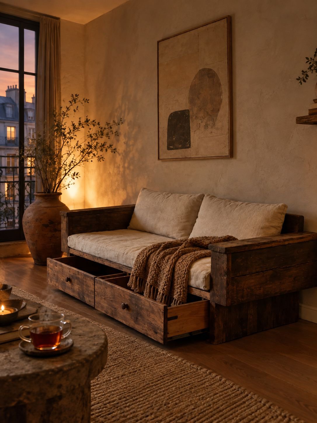 Vue latérale du canapé wabi-sabi avec rangement