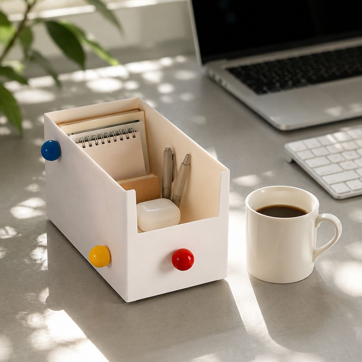 Multi-tier desktop storage box holding pens and notebooks