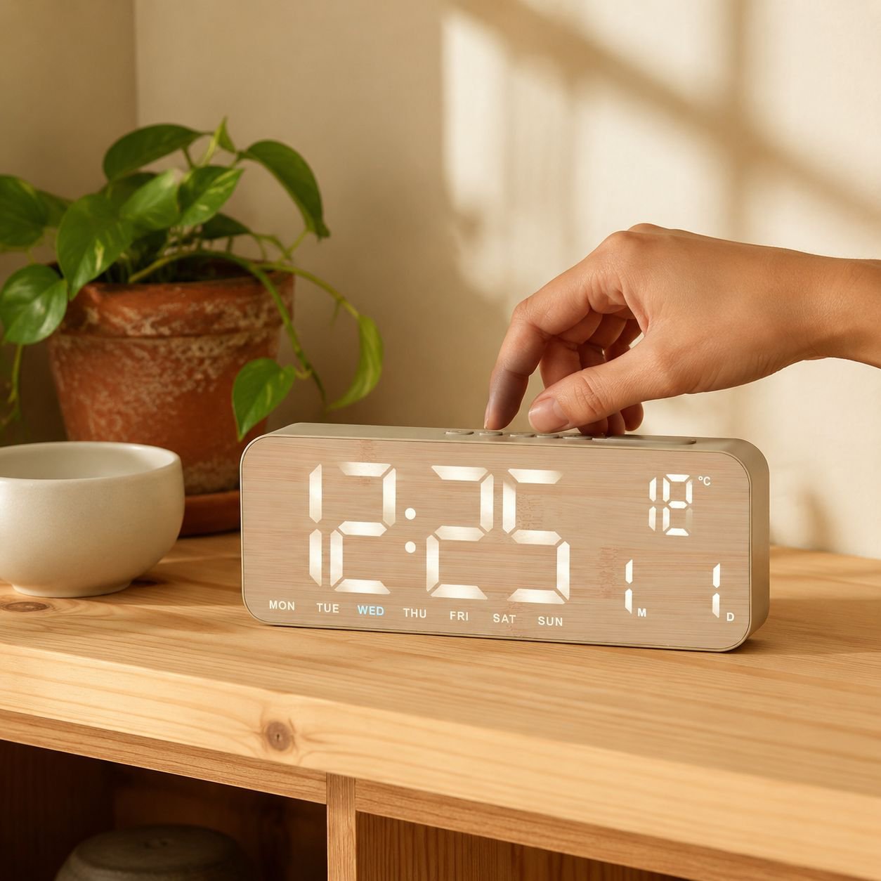 Woodgrain Fabric Nordic Table Clock with Large LED Screen, Date and Weekday Function