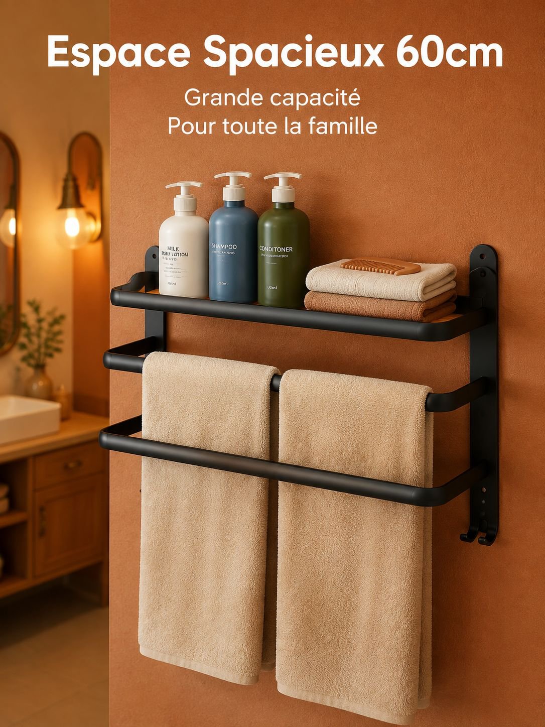 Porte-serviettes, étagère de salle de bain, sans perçage, étagère de rangement, porte-serviettes com