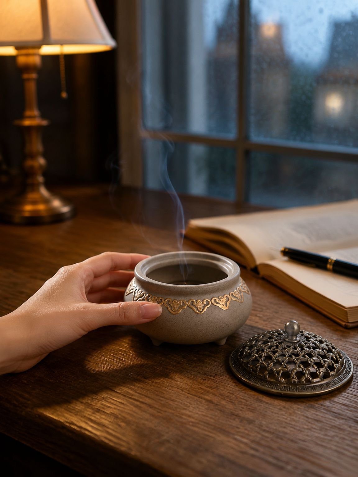 Encensoir trépied décoratif avec motif traditionnel oriental