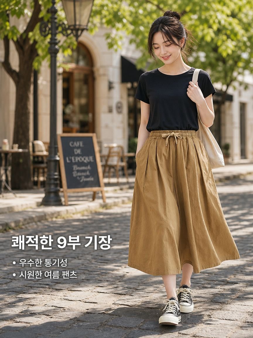 하이웨스트 탄력 슬림 9부 와이드 팬츠 여성 여름 레저 바지
