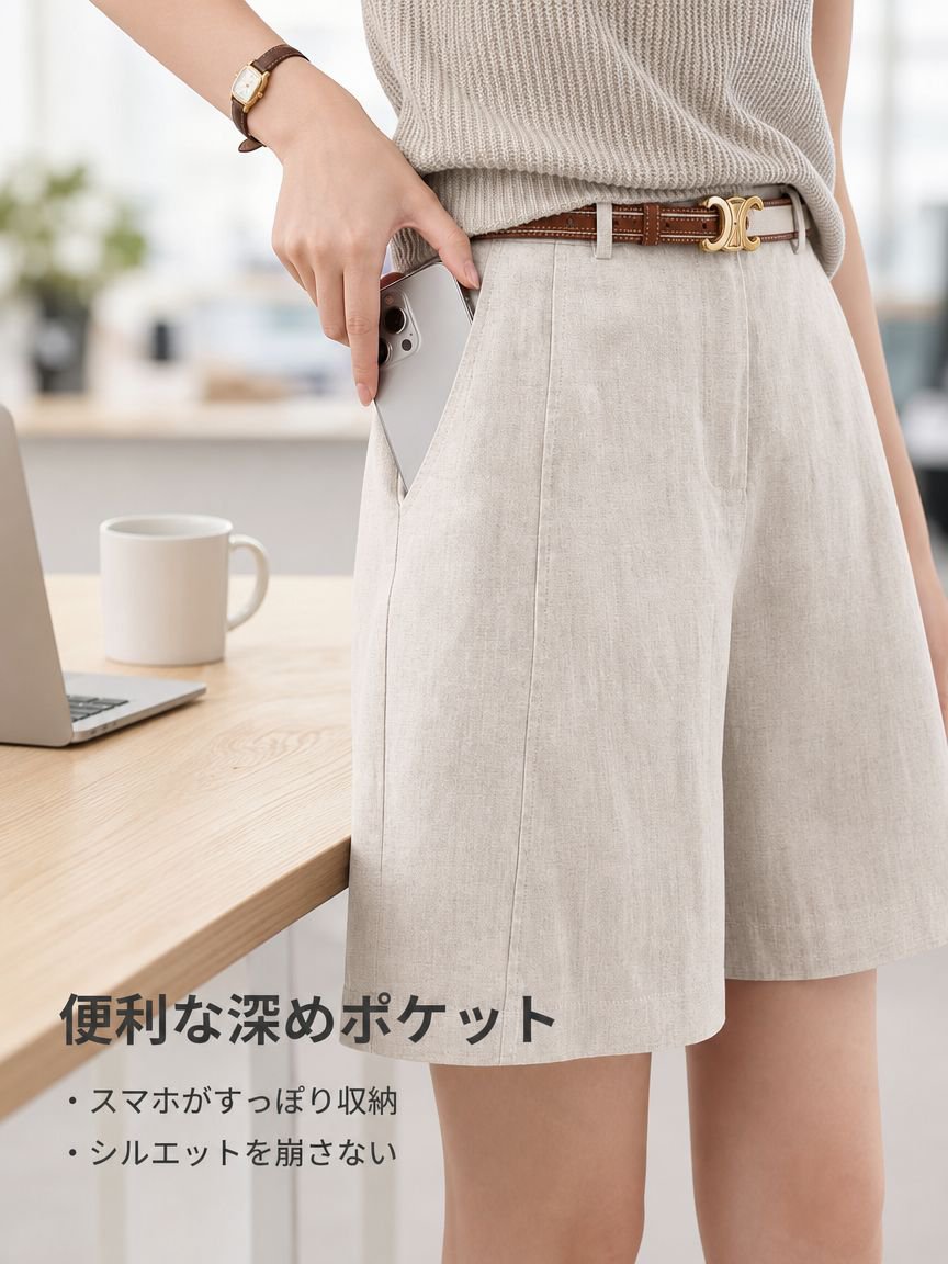 夏用スリムストレートリネン混紡レディースショートパンツ