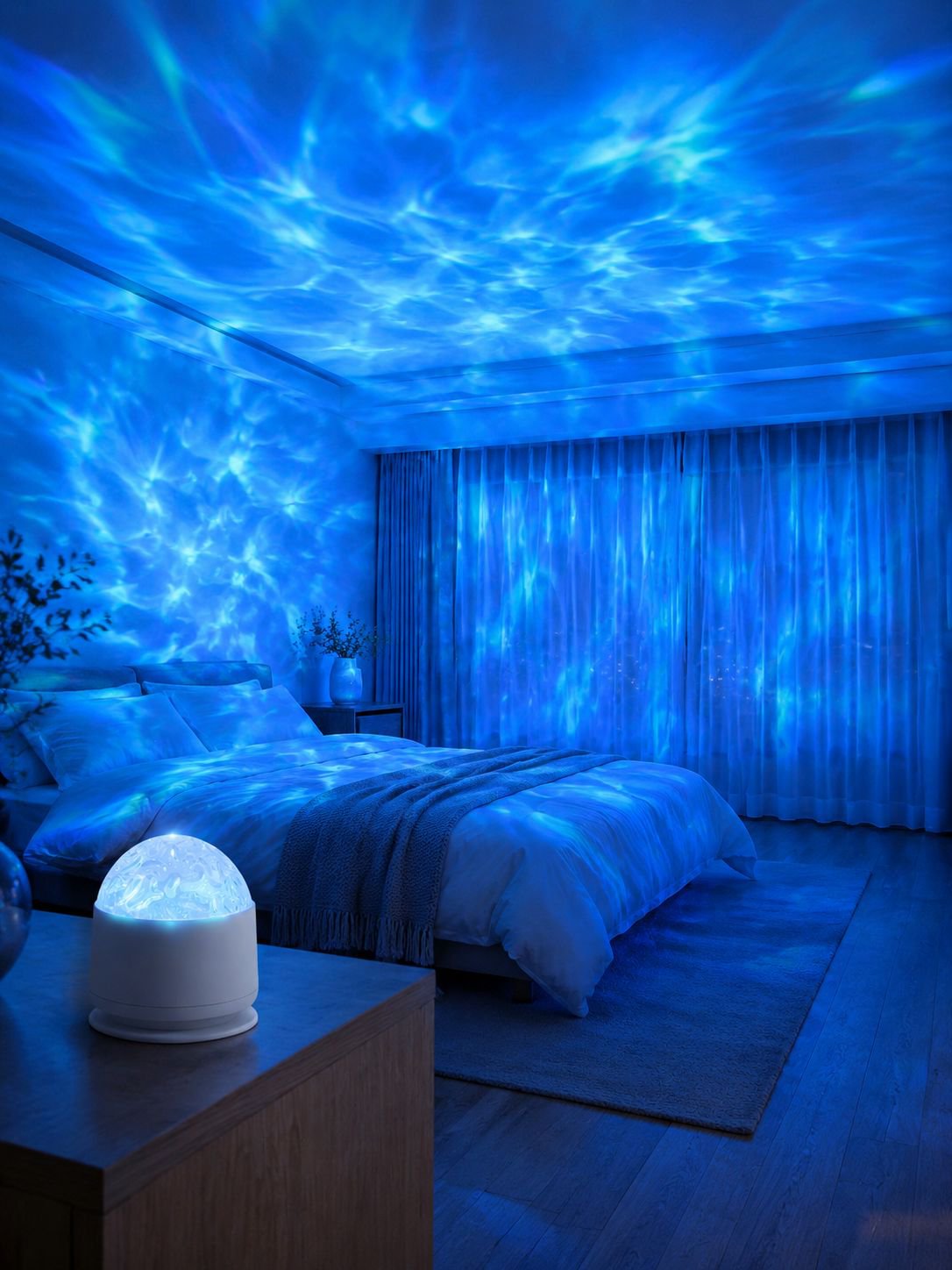Lámpara de proyección Northern Lights con efecto de aurora boreal en dormitorio