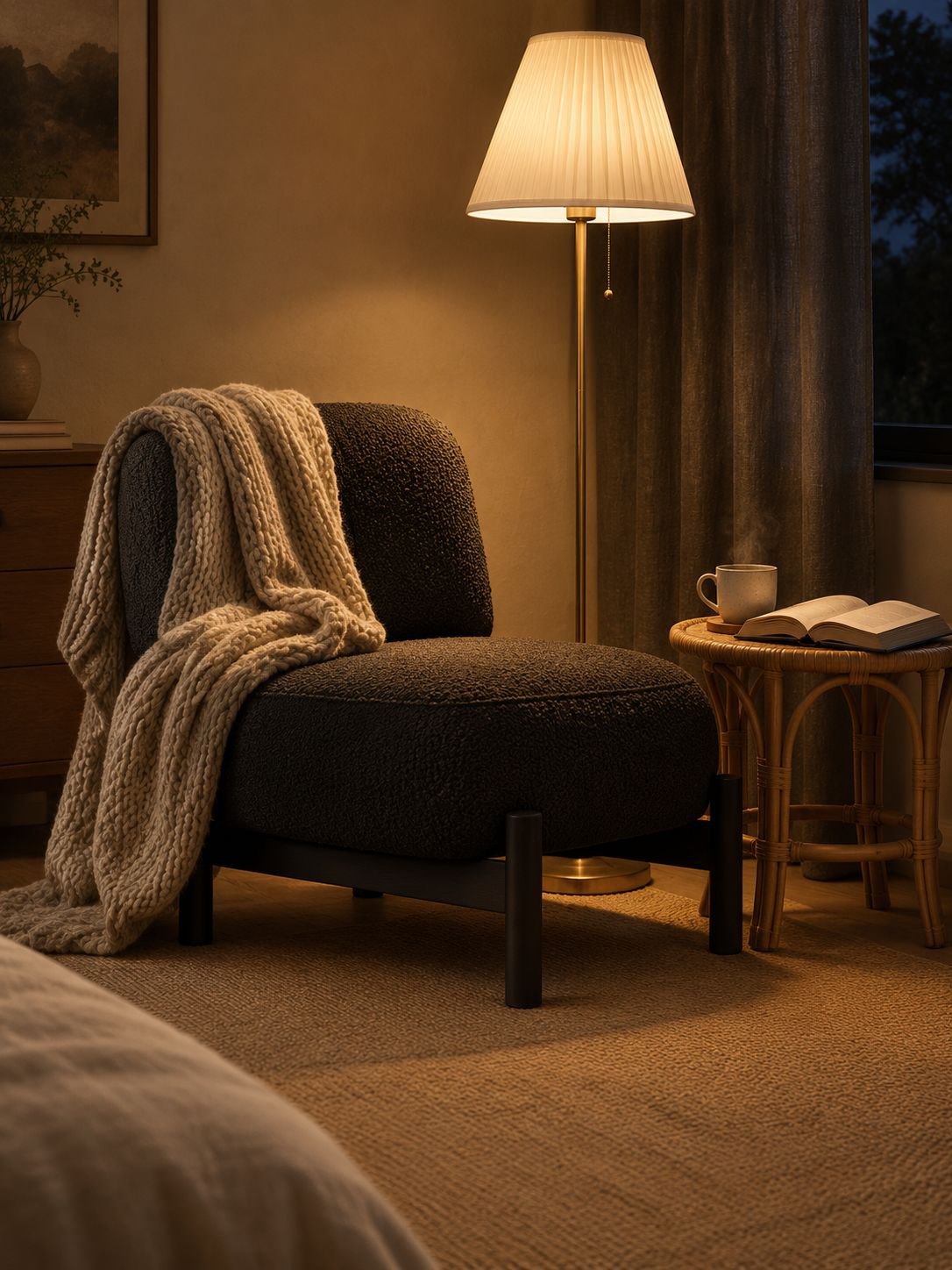 Fauteuil individuel crème sur tapis moelleux