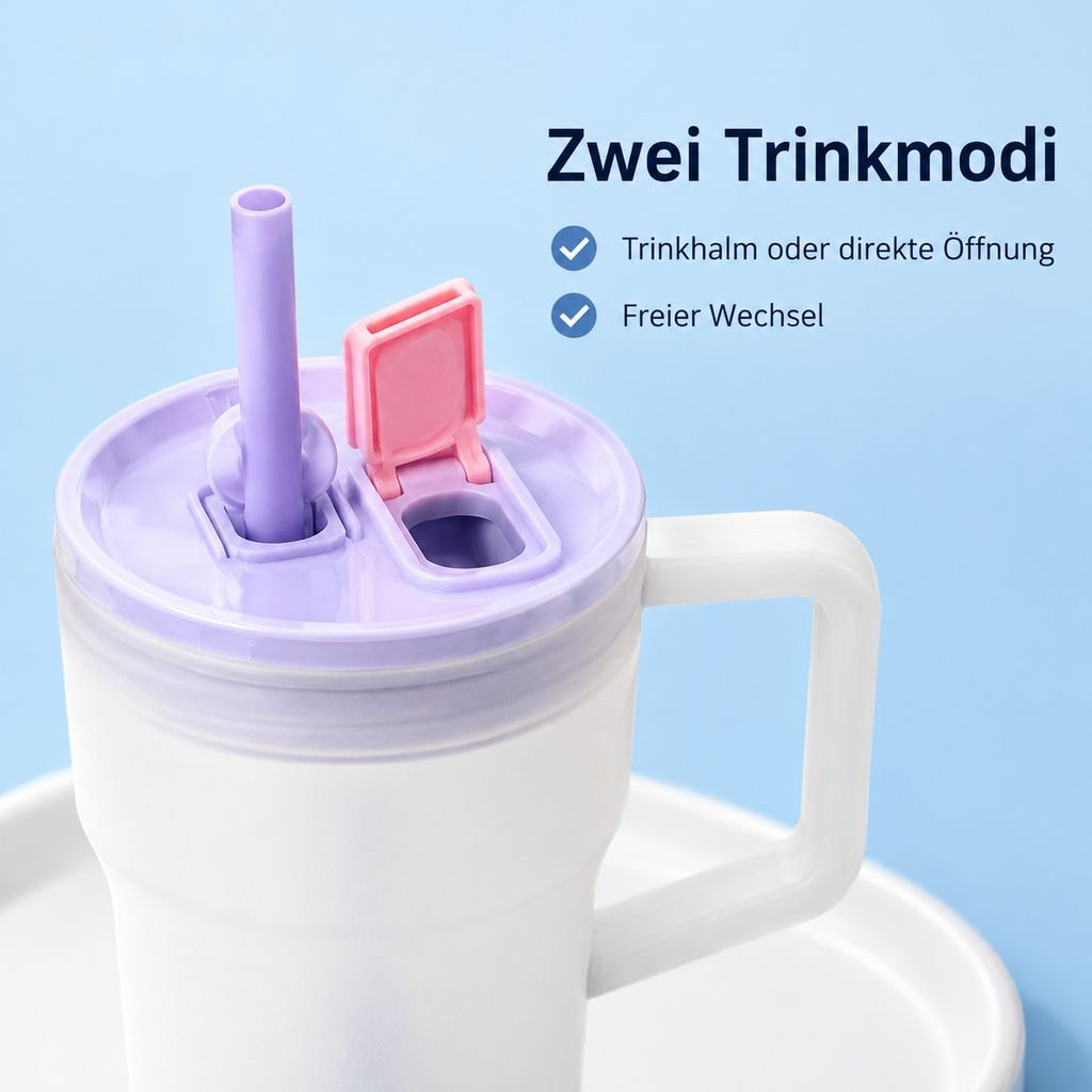 Stylischer Becher mit zwei Trinköffnungen und Strohhalm