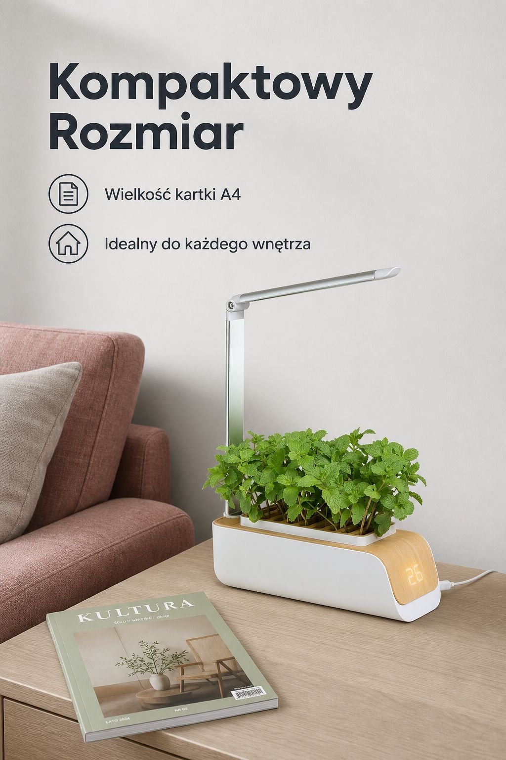 Domowy zestaw do uprawy roślin z lampą LED na stole