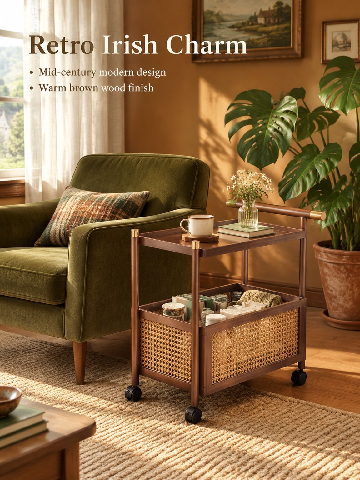 Retro mobile side table with wheels beside a sofa