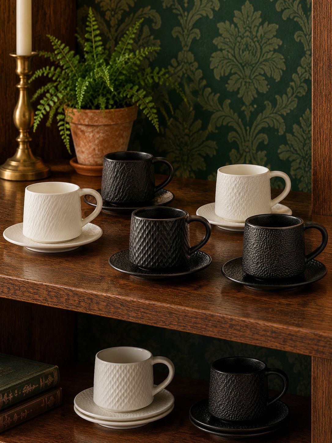 Vintage-style stoneware coffee cup and saucer with an elegant finish